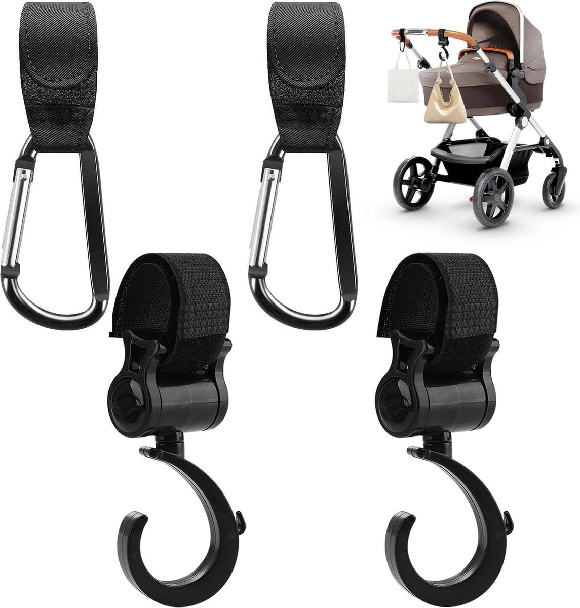 4 Stroller Bag Hooks - Bag Hook - Stroller Straps - Buggy Hook - Stroller Hooks - Multifunctional Velcro Hook - Large - Stroller Bag Hooks - Shopping Hook - Universal Bag Hook - Buggy Bag Hooks - Buggy Accessories