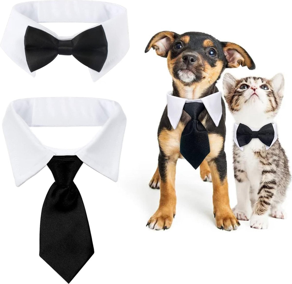 Cotton bow tie and tie set for pets with adjustable Velcro closure.