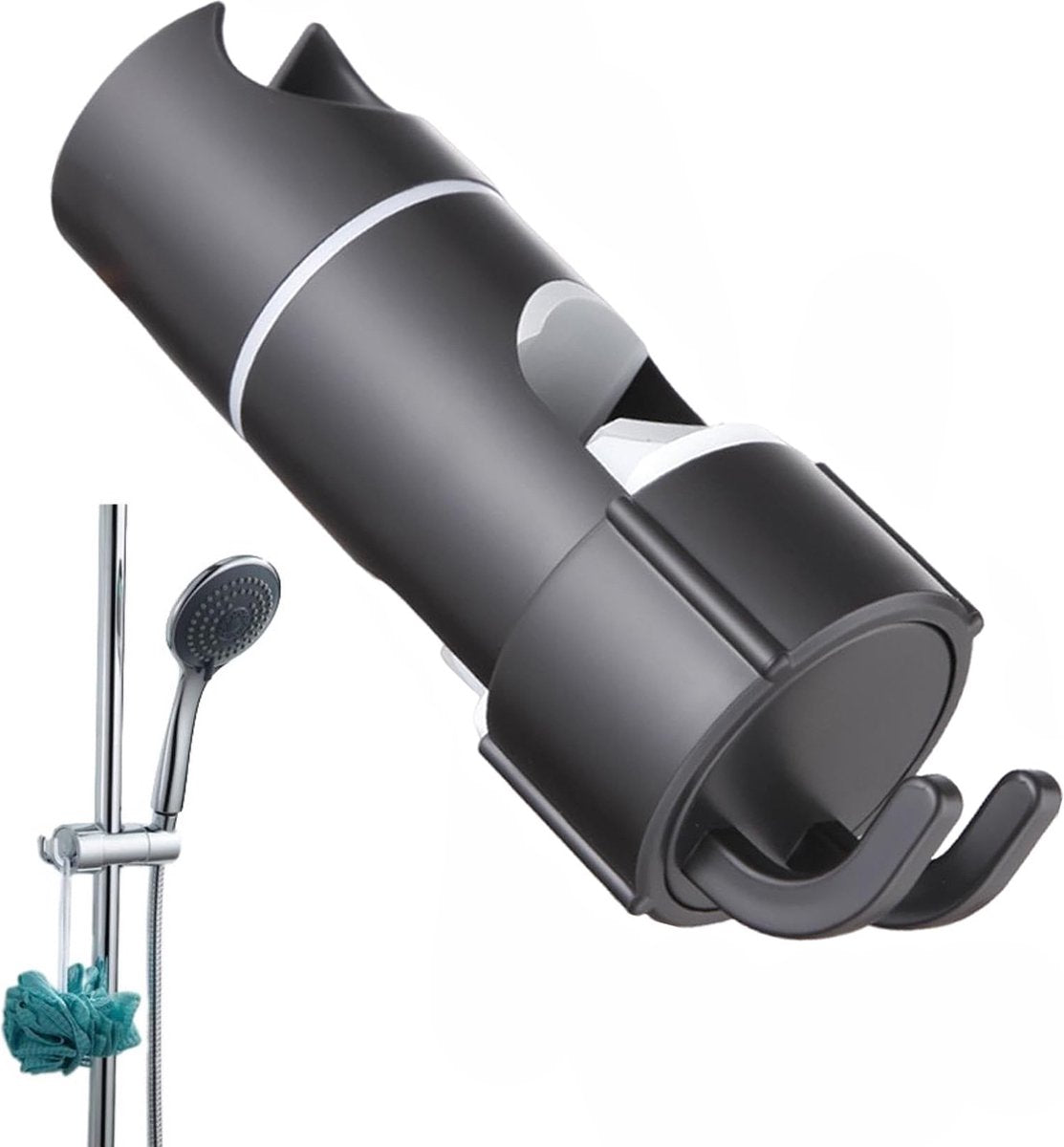 Slide Piece for Shower Rod - ø 18-25 mm - Hand Shower Bracket - With 2 Hooks - Chrome - Adjustable - ABS - Hand Shower - Shower Head - Shower Head Holder - Hand Shower Holder - Shower - Bathroom - Black - Universal - For Shower Rod - Easy Installation