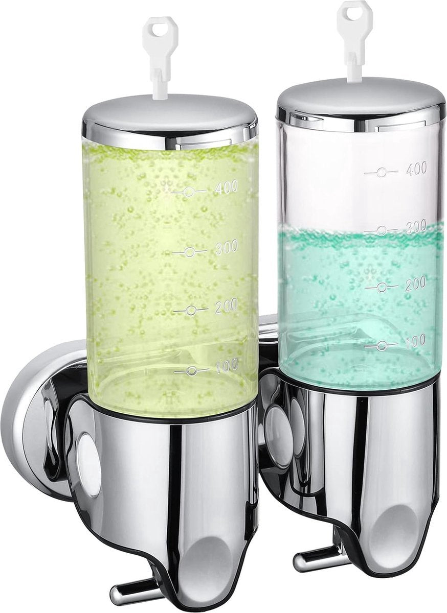 Wall-Mounted Soap Dispenser - 2 Reservoirs - 2x500ml - Stainless Steel - Shampoo Dispenser - Large Capacity - Refillable - Portable - Durable - Hanging Soap Dispenser - Soap Pump - Soap Pump - With Screws - Easy to Install - For Bathroom, Hotel, Kitchen