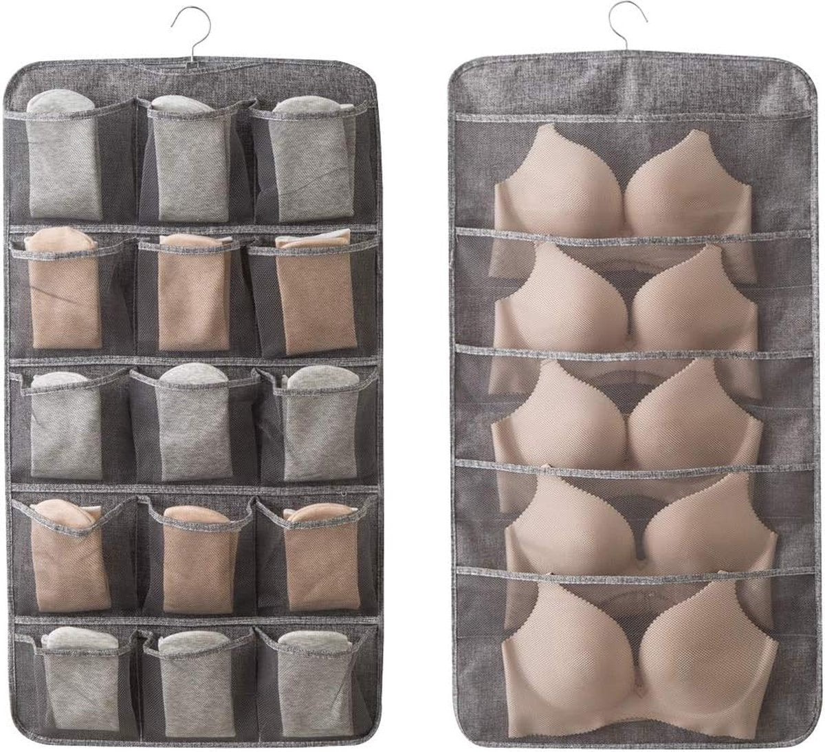 Bra Organizer - Double-Sided 12+18 Storage Pockets - Bra Divider for Closet - Hanging Underwear Divider - Beige - Hanging Storage Bag for Clothing - Clothing Organizer - Washable - Underwear / Socks / Shirts / Bra - Space Saving - 1 Piece