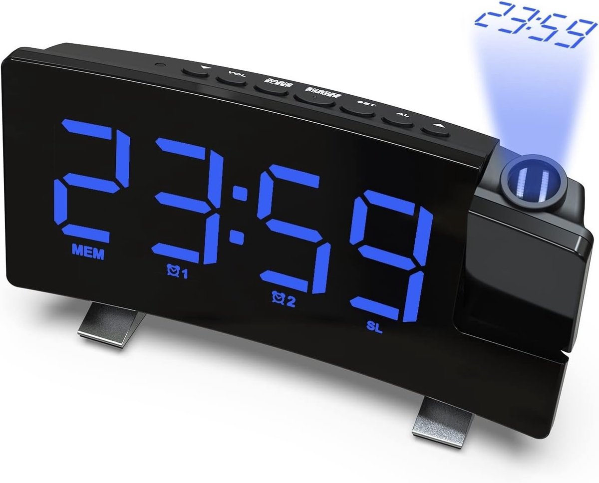 Alarm clock - radio - clock - Projection alarm clock - Digital alarm clock - Projection clock - Alarm clock radio - Clock radio - digital clock - projection clock - 360 degrees - LED - Adjustable brightness - Loud enough - for bedroom / living room / offi
