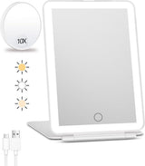 Rechargeable travel makeup mirror with lighting - 10x magnification - portable illuminated makeup mirror - 80 LEDs - 2000 mAh battery - 3-color lighting - touch dimming - tabletop