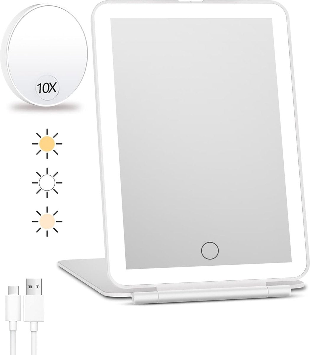 Rechargeable travel makeup mirror with lighting - 10x magnification - portable illuminated makeup mirror - 80 LEDs - 2000 mAh battery - 3-color lighting - touch dimming - tabletop