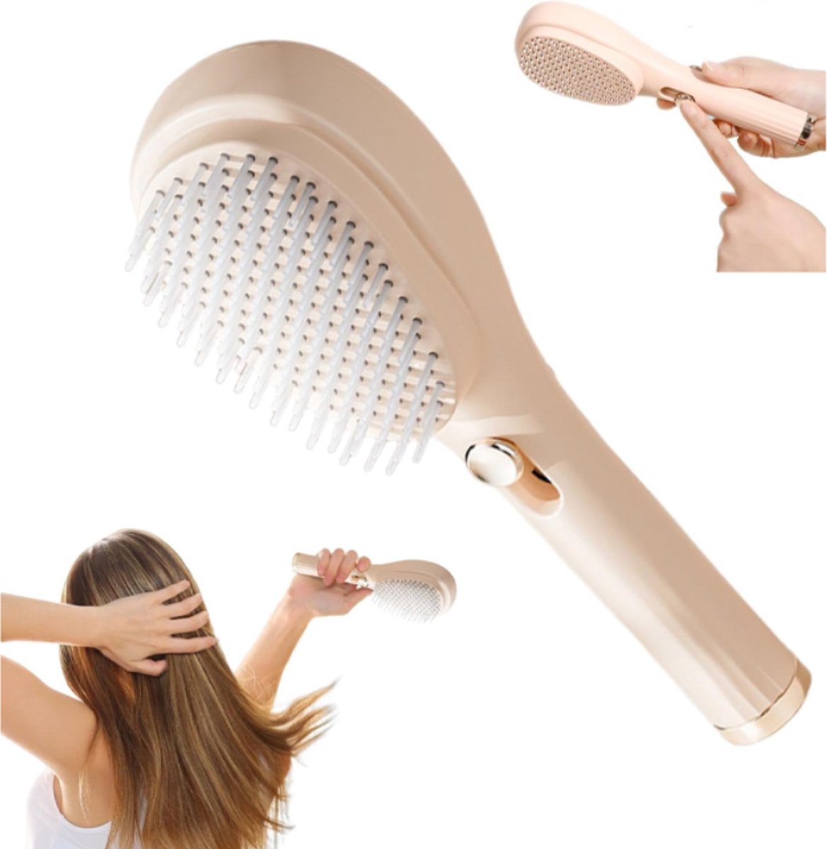 Anti-Tangle Hairbrush - Telescopic Self-Cleaning Brush - Head Massager - Hairbrushes for Women - Air Cushion Massage Combs - Multifunctional Anti-Static Massage Comb - Cleaning with One Click - Beige - 1 Piece