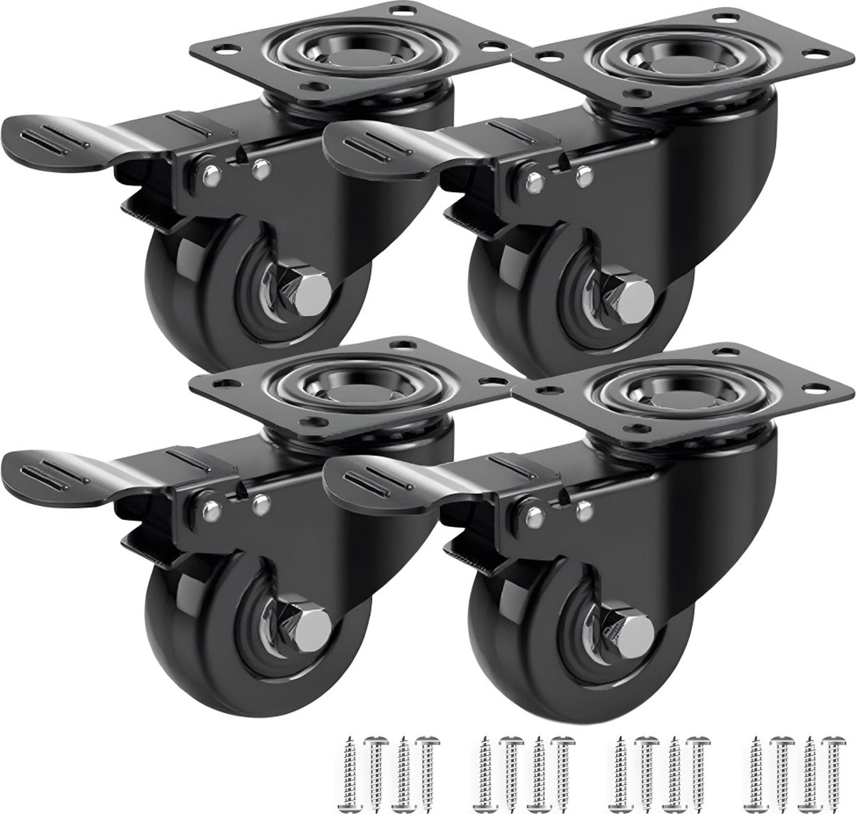 Heavy-Duty Swivel Casters with Brakes - Set of 4 - 50 mm up to 200 kg - With Screws - Swivel Casters - Rubber Trolley Wheels - Cart Wheels - Transport Cart - Casters for Furniture - Flexible - Durable - Black