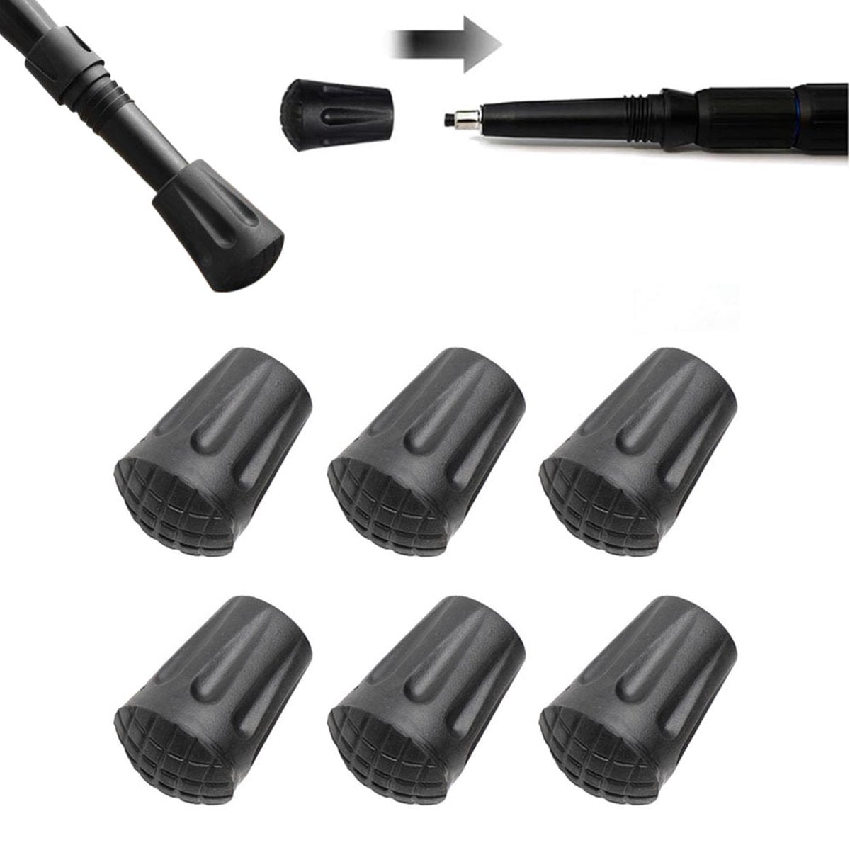 Nordic Walking Tips - 6 Pieces - Walking Stick Tips - Crutch Tips - Nordic Walking Pads - Nordic Walking Cane Tips - Round Nordic Footings - Trekking Pole Tips - Replacement Tips - End Stop - Walking Stick Base - Easy to Install - Black
