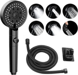 Shower Head - Shower Set - 6 Spray Modes - Water Saving - High Pressure - With 1.5m Explosion-Proof Hose and Self-Adhesive Holder - Rain Shower - Wellness - Hand Shower - Black - Bathroom Accessories - For Better Skin and Hair - High Quality - Durable