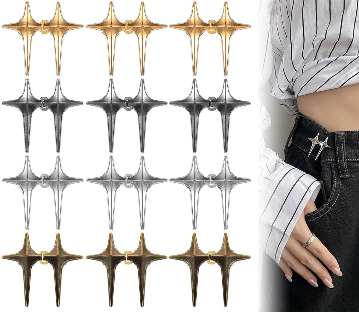 12 Pieces - Waist Extender - Tightening Button Adjuster Buttons - Star Trouser Waist Buckle - Adjustable Waistband Clips - Trouser Waist Reinforcement - Star-Shaped Jeans Shortening Buttons - Adjustable Button Trousers - Universal
