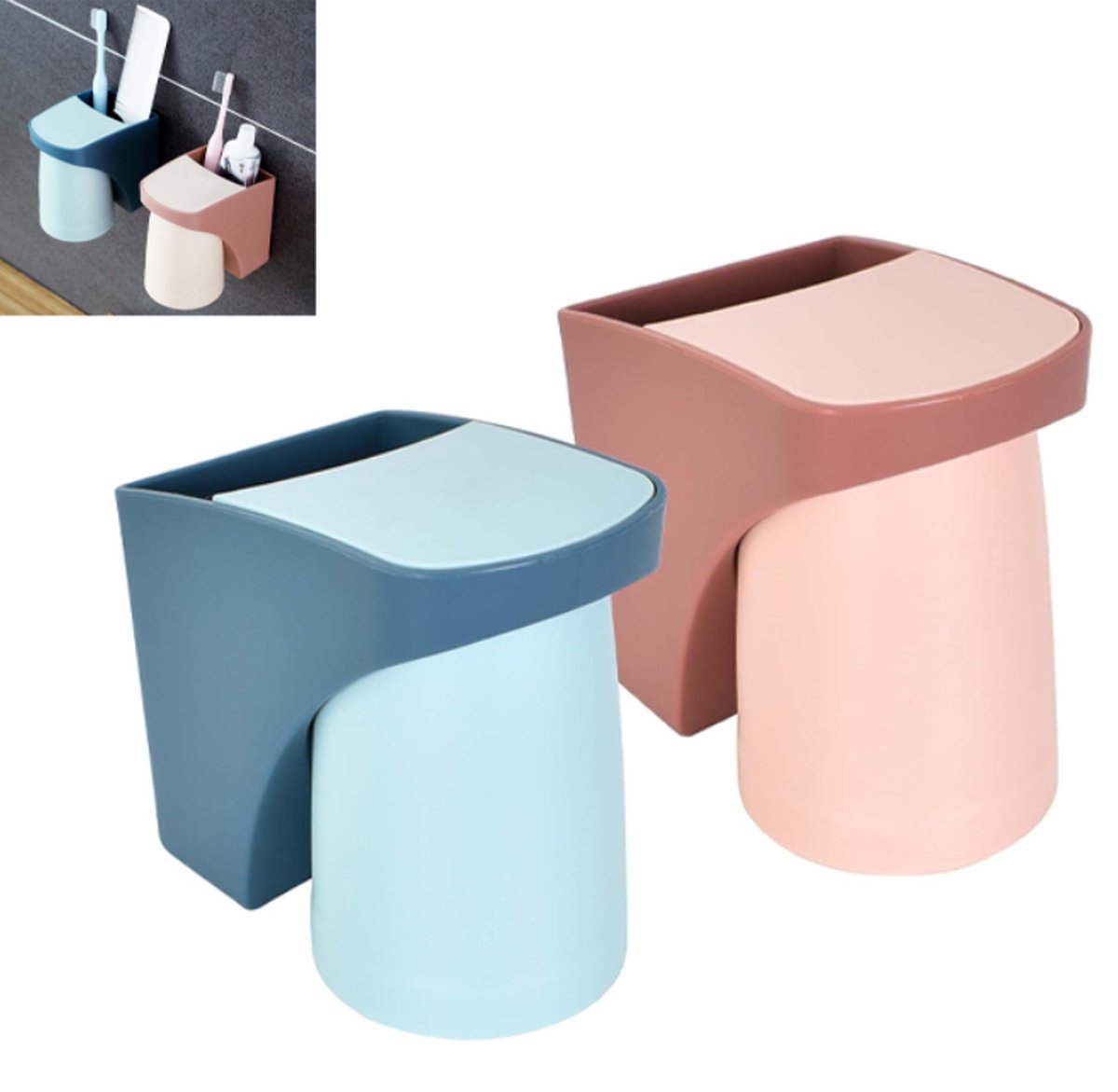 Toothbrush Holder - Toothbrush Box - Wall Mounted - Bathroom Organizer - Toothbrush Organizer - Toothbrush Holder with Magnetic Cup - No Drilling Required - For Family, Children - Blue+Red - 2 Pieces