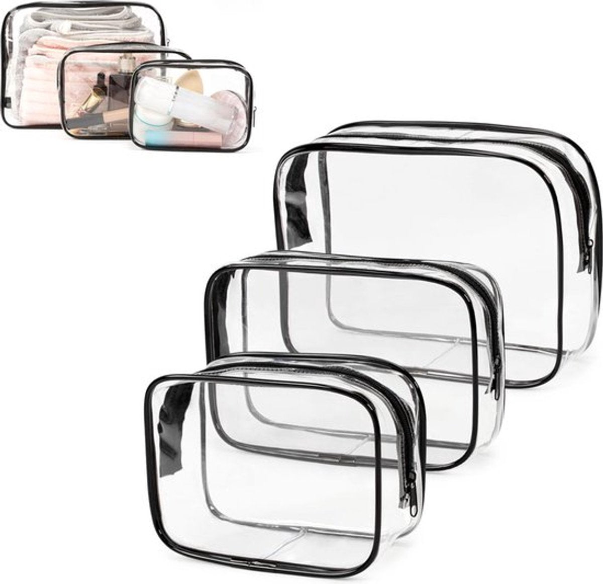 Transparent Travel Toiletry Bag Set - 3 Pieces - Toiletries Travel Bag - Makeup Bag - Makeup Pouches - Travel Organizers - Beauty Case - Travel Organizer - Transparent Packing Cubes Suitcase Organizer - Cosmetics Bag - Waterproof - Black/Transparent