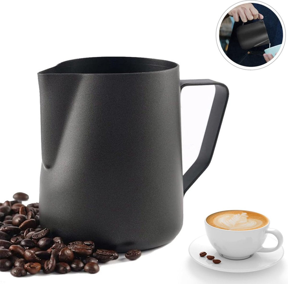 Milk frothing pitcher - Stainless Steel - Small milk jug - Milk pitcher - Milk frothing pitchers - Milk-Coffee frothing pitcher - 350ml - Espresso machine - Barista - Making coffee - Coffee - For making cappuccino-espresso - Black