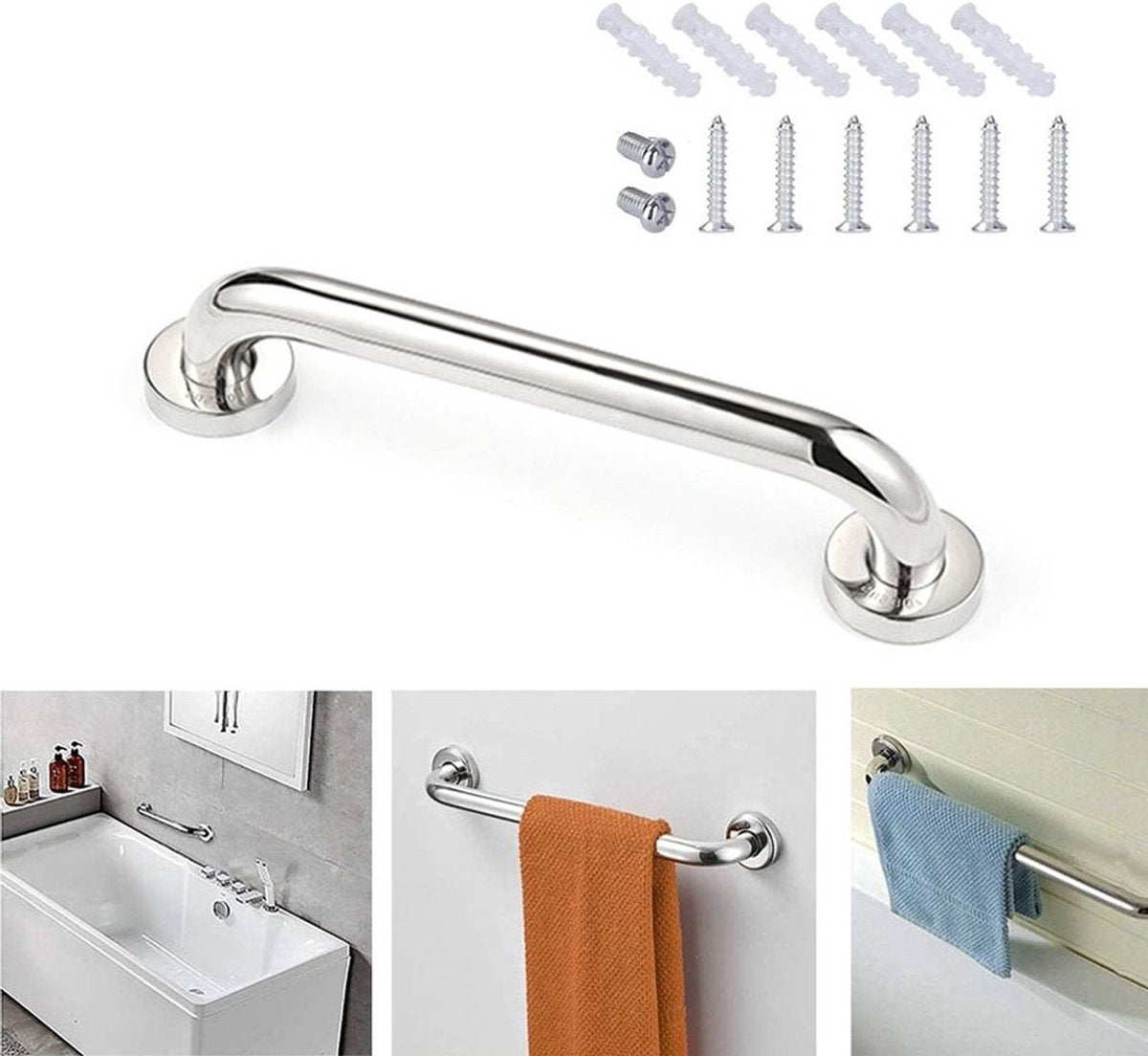 Wall Grab Bar - Extra Grip - 30cm - Handle / Wall Grip for Bathroom / Shower / Toilet - Toilet Grab Bar - Bath Grab Bar - Shower Grab Bar - Non-Slip Grab Bar - Kitchen - Stairs - Kitchen Cabinet Handle - Safety Grip - Screws Included