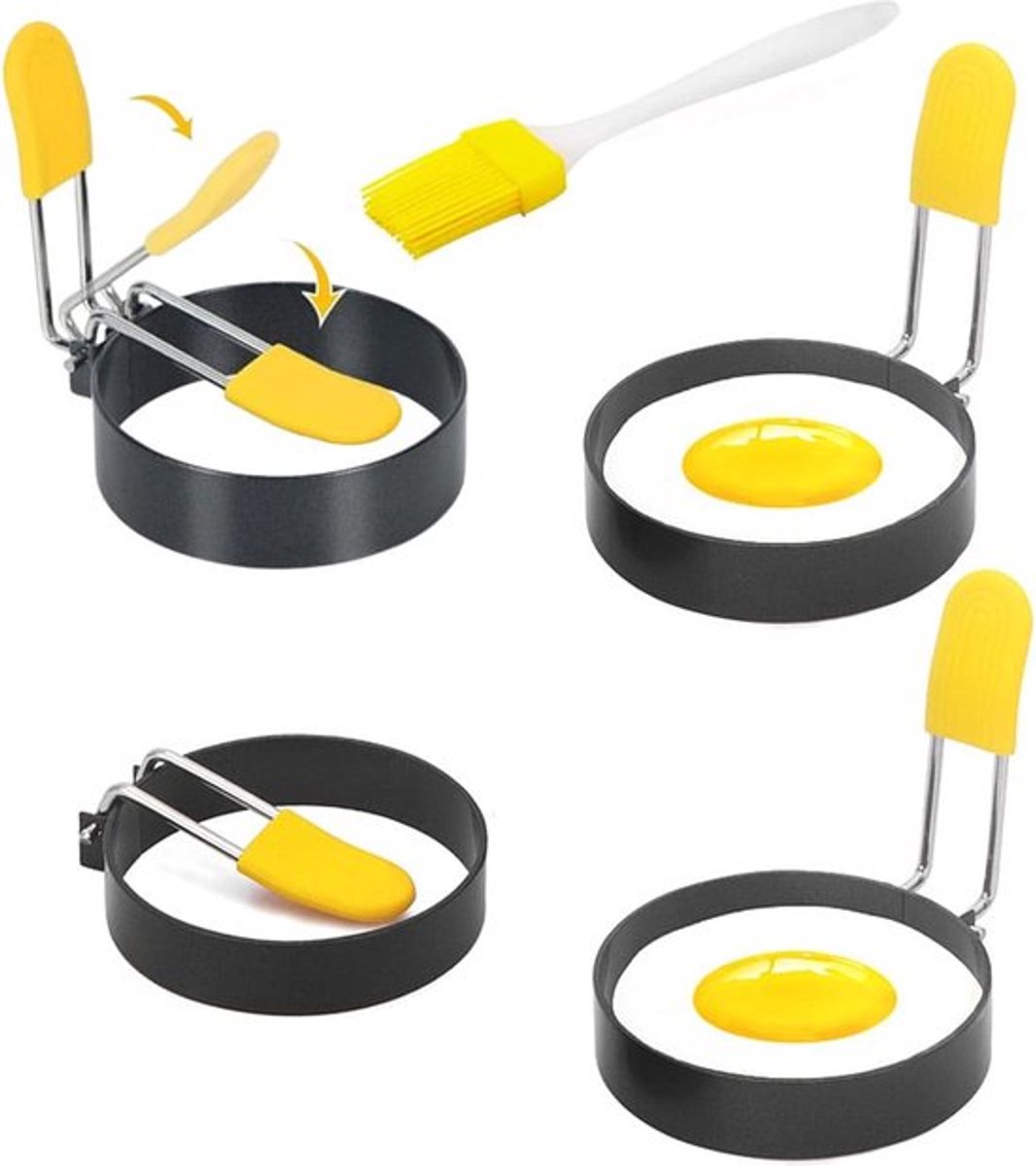 Egg Baking Mold - 4 Pieces - Stainless Steel - Egg Pancake - Fried Egg Mold - Egg Ring - Fried Egg Pancake - With Oil Brush - Frying Eggs - Egg Mold - Egg Molds - Small Egg Shapes - Perfect Round Egg - Baking Mold - Round - Black