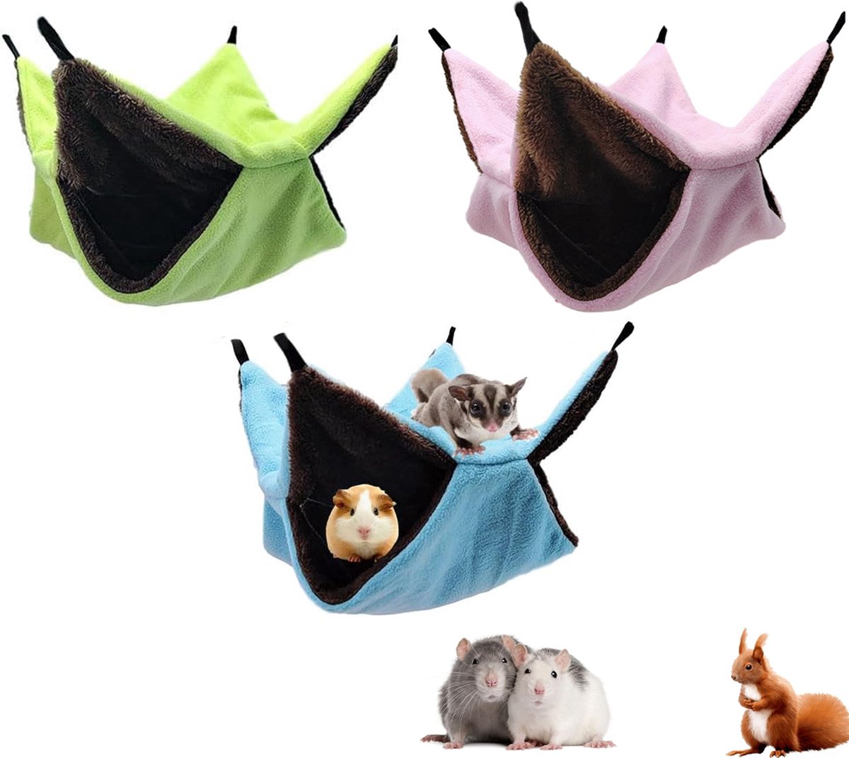 Hammock - 3 Pieces - Swing - Hamster Hammock - Rodent Cage - Rodent House - Rodent Hammock - Small Rodents - Hamster Toys - Mouse Toys - Hamster Bed - For Hamsters/Mice/Gerbils/Ferret/Guinea Pig - 34x34cm - Soft And Warm