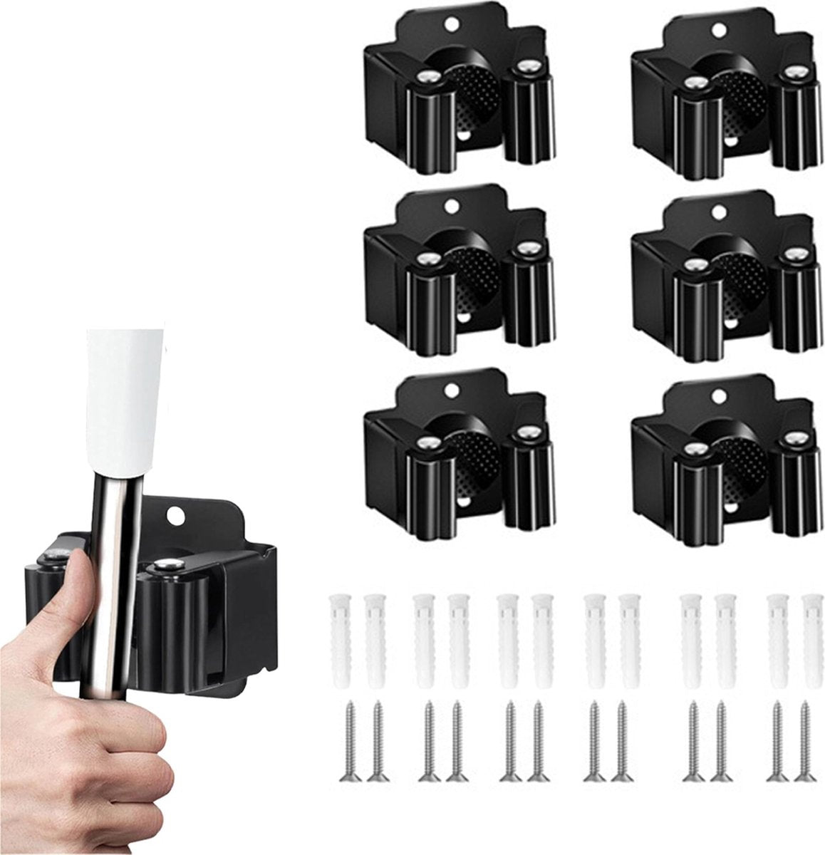 Mop Holder - 6 Pieces - Broom Holder - Broom Holder - Broom Hanging System - Broom Holder - Wall Holder - Hanger Behind Doors - Bathroom Accessories - Kitchen Storage Tool - Tool Holder - Organizer Hook - Garden Tools - Stainless Steel - Black