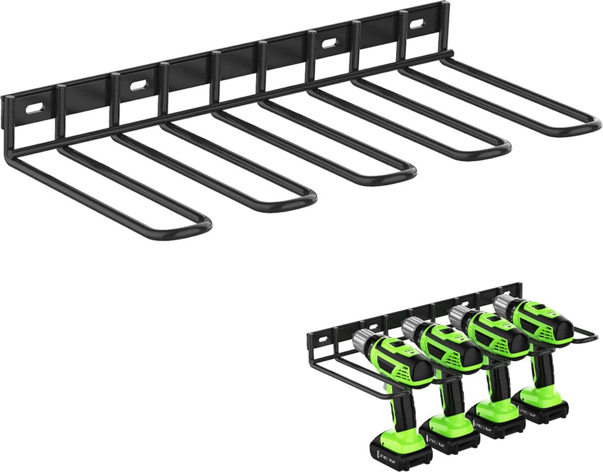 Tool Storage - Storage Rack - Wall Mount - Tool Rack - Tool Holder - 4 Slots - For 4 Power Tools - Tool Storage and Organization - Organizer For Garage, Tool Room - 1 Piece - Metal - Black