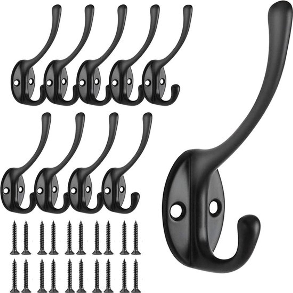 Hooks - Hanging Hooks - Set of 10 - Double Hook Design - Hanging Hooks - Wall Hooks - Coat Hook - Coat Rack Hooks - Key Hook - Wall Hooks - Towel Hook - Towel Hooks - Tea Towel Hanger - Incl. Screws - Bathroom - Black