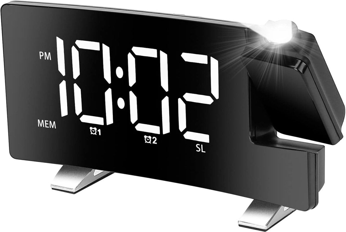 Alarm clock - radio - clock - Projection alarm clock - Digital alarm clock - Projection clock - Alarm clock radio - Clock radio - digital clock - projection clock - Multifunctional - LED - Adjustable brightness - Loud enough - for bedroom / living room / 