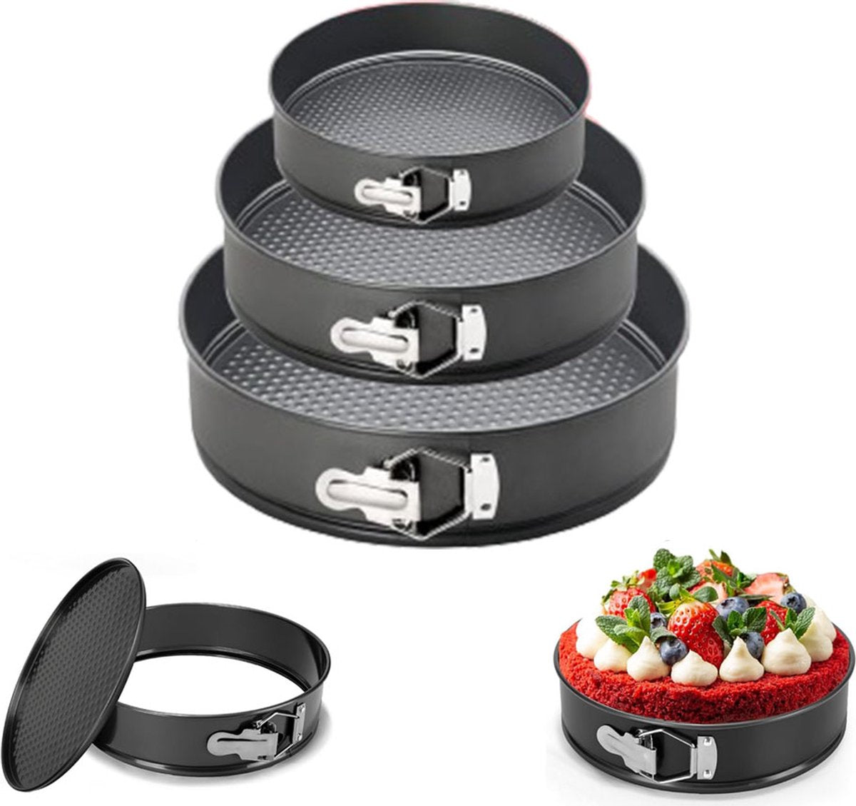 3-Piece Round Springform Set - Round Baking Tin - Cake Pan - Non-Stick Baking Pan - 20, 22 and 24cm - Removable Base - Bakes Evenly - Baking Set - Cake Pan - Dishwasher Safe - Metal - Black