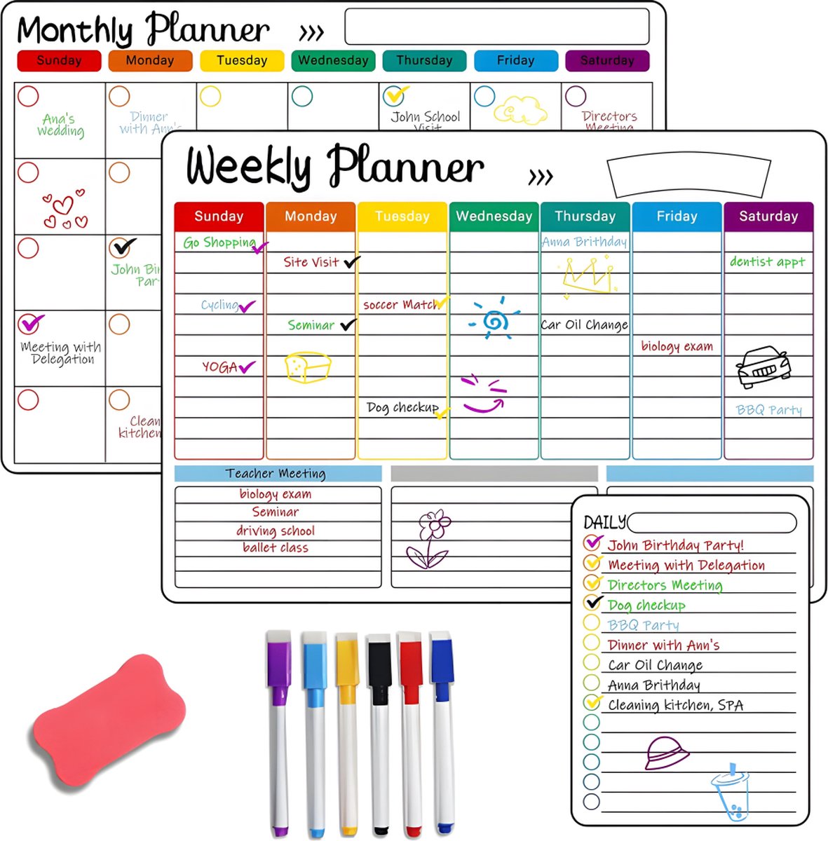 Monthly Planner & Weekly Planner Whiteboard Set - Magnetic Planning Board - Magnetic Monthly Planner - Magnetic Weekly Planner - Magnetic Board Including Day Planner, Markers & Eraser - Memo Board - Planning Board - Family Planner - Family Planner - To Do