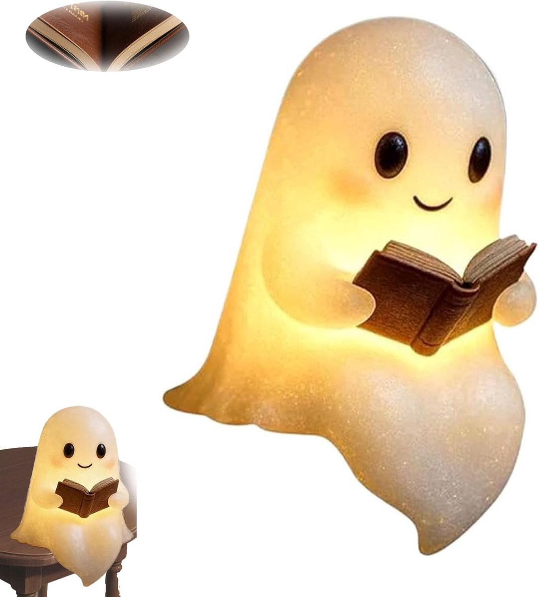 Halloween Cute Ghost Reading Lamp - Halloween Ghost Night Light - Halloween Decoration - Ghost Reading Book Lamp - Ghost Decoration - 3D LED Halloween Cute Ghost Figurine Fireplace Chimney Decoration for Home - 15 cm - Warmly Illuminated