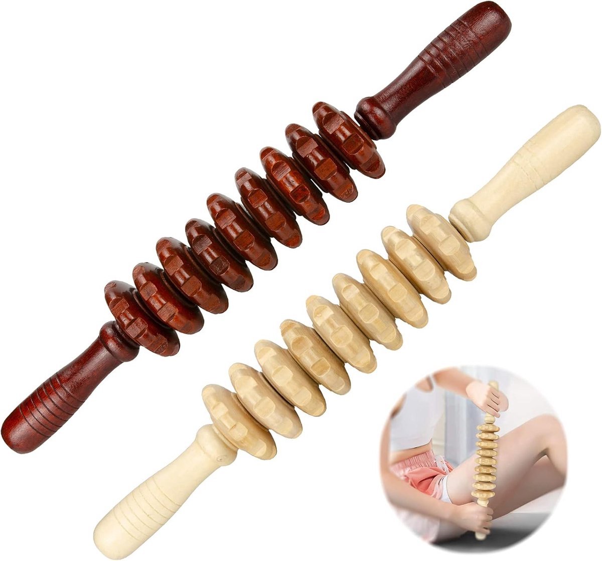 Massage Stick - Massage - Massage Device - 2 Pieces - Relieve Fatigue - Anti-Cellulite Massage Roller Tool - Full Body Massager - Thigh Massager - Natural Wooden Massage Roller - Connective Tissue Massages - Relax - Durable - 9 Wheels