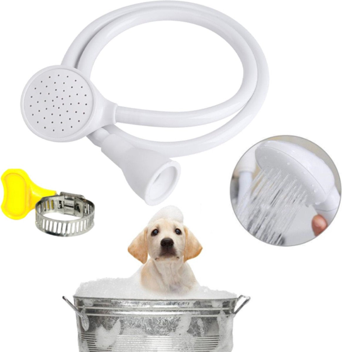 Pet Bath and Shower Set - Dog/Cat Shower Head - Dog Sprayer - Includes Garden Hose and Attachments - For Pets, Hair Washing, Rinsing Vegetables - Taps with a Diameter of 1.4-2.7 cm - White