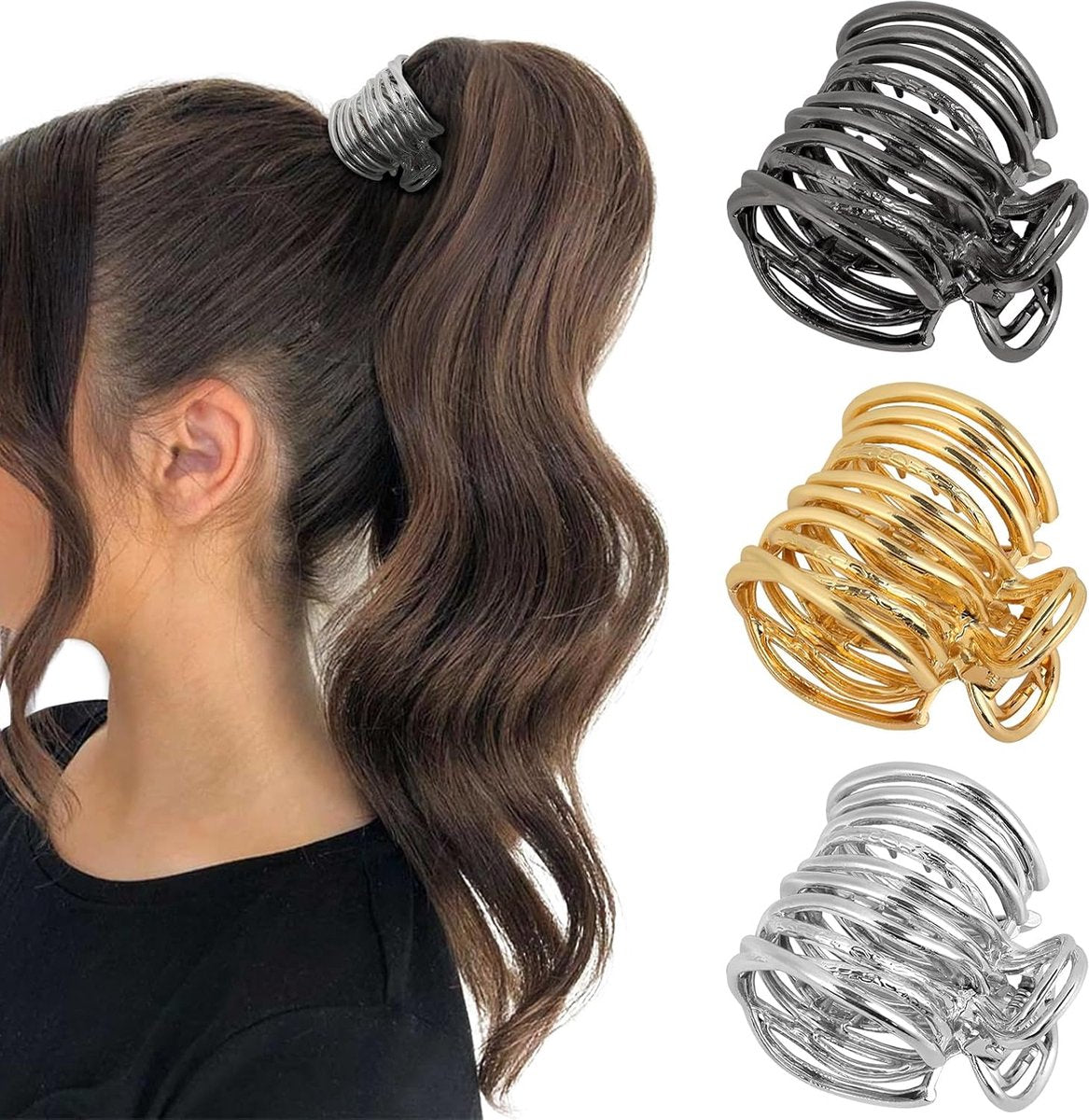 Hair Clips - 3 Pieces - Non-Slip Clips - Hair Clamp - Hairpin - Hairpins - Anti-Slip Clips - Girls' Hair Accessories - High Ponytail Clips - Decorative Hair Accessories for Ladies - For Women and Girls - Gold/Silver/Black