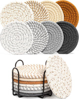 Cork Coasters - Set of 8 with Holder - Woven Coasters - Handmade - Thicker - Highly Hygroscopic - Anti-Slip - Placemats for Glasses - Coaster Set - Coasters - Round - Natural & Eco-Friendly - Minimalist Style