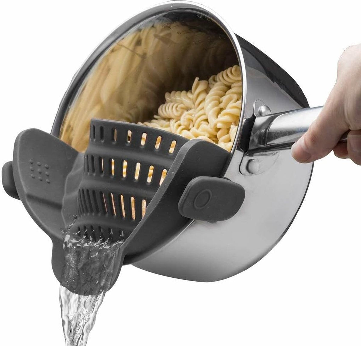 Silicone Colander - Kitchen Draining Lid - Draining Aid - Silicone - BPA Free - Safe Hands-Free Draining - Colander - Safe Draining - Solid Compact Kitchen Draining Lid - Draining Lid - Grey - Dishwasher Safe - For All Sizes of Pans