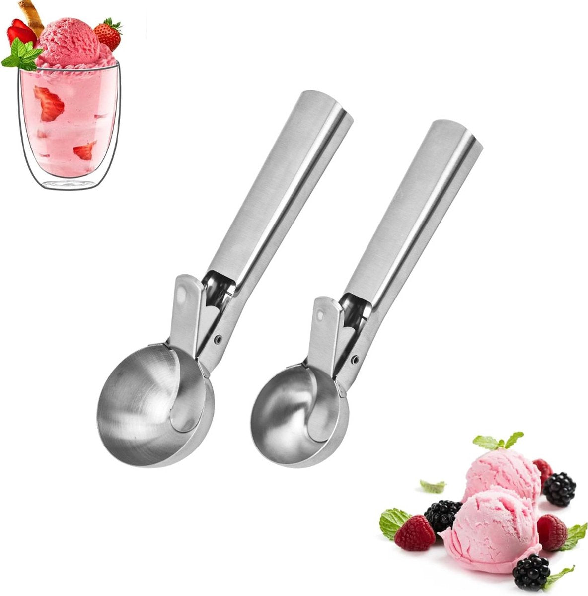 Ice Cream Scoop - 2 Pieces - Ice Cream Spoon - Ice Cream Scooping Spoon - Small Ice Cream Scoop - Ice Cream Ball Tongs - Portioning Spoon - Ice Cream Ball Tongs - Fruit Scoop - Eject Valve - Includes Releaser - Kitchen Utensils - Ergonomic - For Ice - Sta