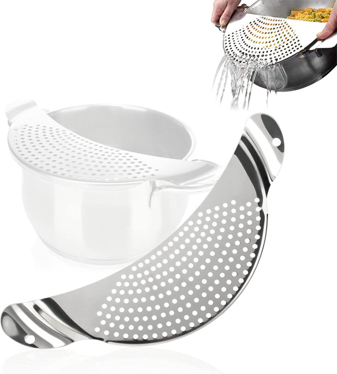Stainless Steel Draining Aid - Draining Lid with Handles - Colander - 33.5 Cm - BPA-Free - Solid Compact Kitchen Draining Lid - Colander - Kitchen Sieve - Dishwasher Safe - Easy Draining - Storage Hook - For All Sizes of Pans