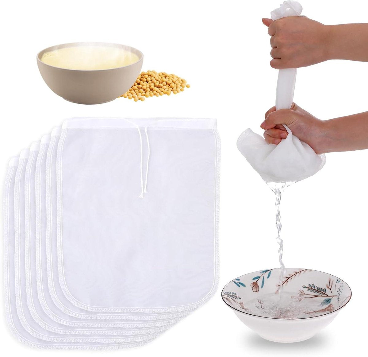 6 Pieces Nut Milk Bag for Straining 12"x10" Reusable Nylon Cheesecloth for Juice Coffee Yogurt Tea Milk Almond Soy Fine Mesh Filter Cheesecloth Bags