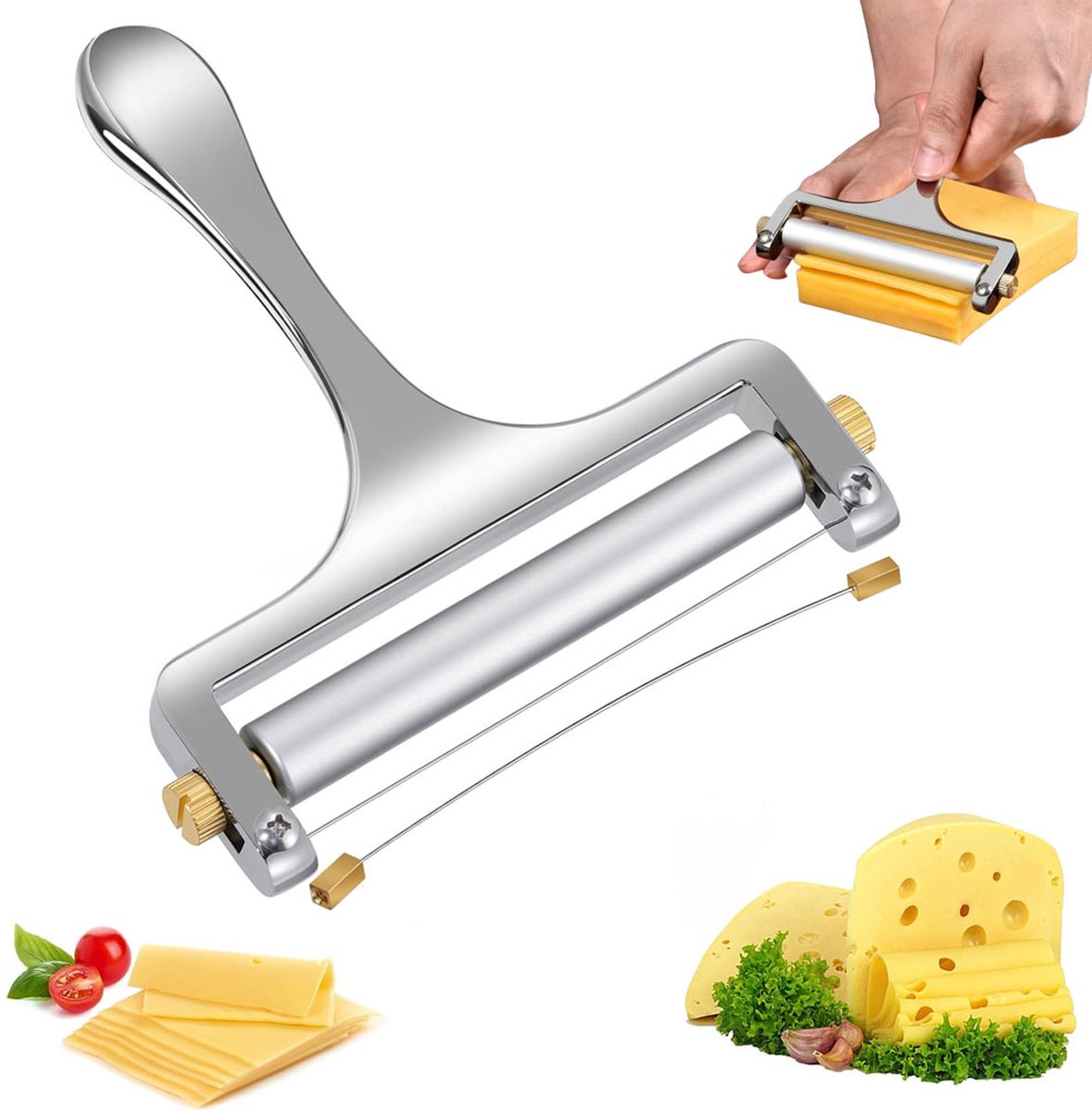 Cheese Slicer - Cheese Slicer for Young Cheese - Stainless Steel - Dishwasher Safe - Includes 1 Extra Cutting Wire - Adjustable Thickness - For Hard Cheese - Gift Ideas - Kitchen Accessories - High Quality! !