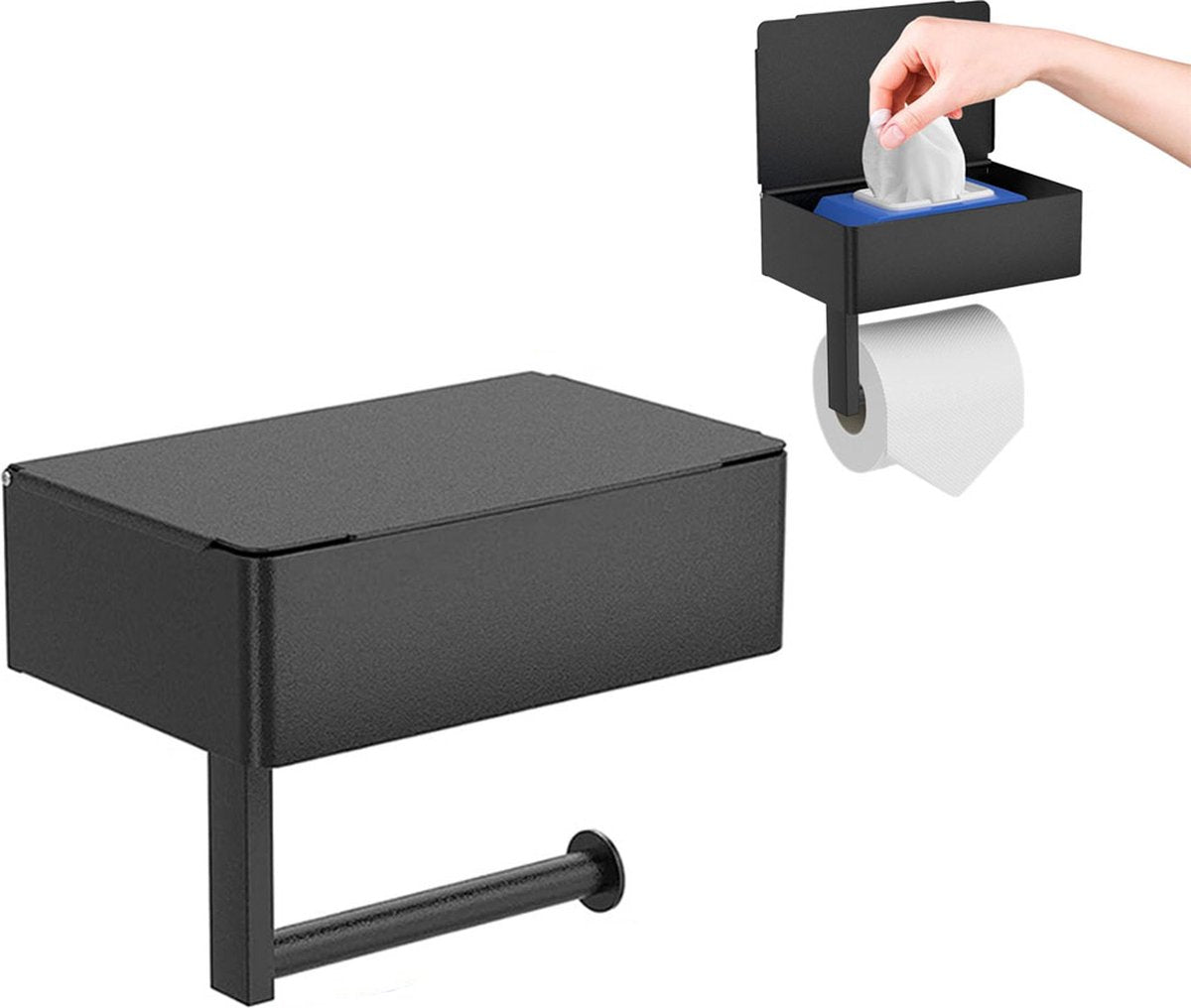 Toilet Roll Holder - Toilet Roll Holder with Shelf - Toilet Paper Holder - Small Shelf & Tray - Shelf Storage Space - Self-Adhesive or Drill-Removed - Bathroom Accessories - Water Resistant - Black