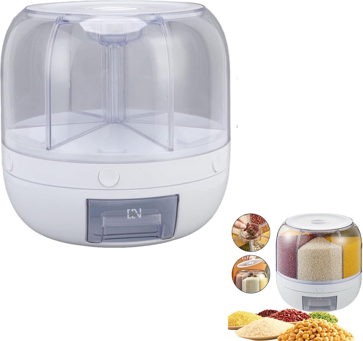Rotating Storage Container - 5 KG - Storage Container - Food Container - Storage Jar - Food Dispenser - Cornflakes Dispenser - Cereal Dispenser - Rice Dispenser - BPA Free - For Breakfast Cereals - Rotating Food Dispenser With 6 Compartments - Kitchen Org