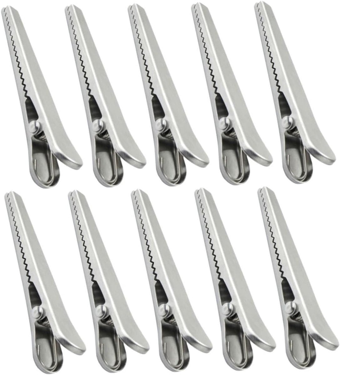 10 pieces - sealing clips - High clamping force closure clips - Freshness clips - Bag clips - Alligator clips - Easy to use - Multifunctional - for kitchen and home - for Candy & Snack Packaging - stainless steel - silver - 11.5cm
