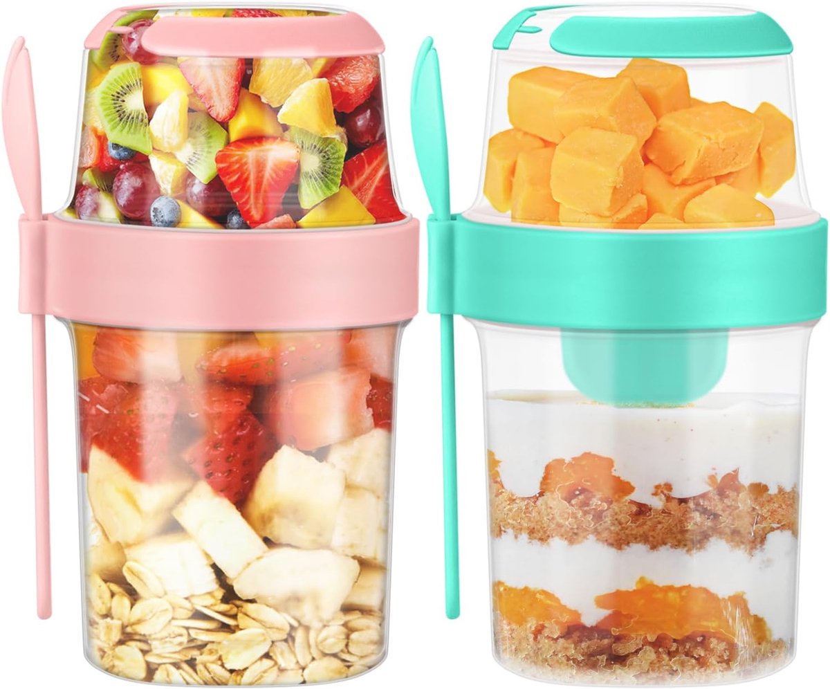 Yogurt Cup - Yogurt Cup To Go - Lunch Pot - BPA-Free - With Spoon - Muesli Cup To Go - Lunch Cup - Lunch Box - Lunch Container - Takeaway - Leakproof - Medium - 560 + 310 ml - Salad To Go - Salad Box - Pink and Green - Sustainable