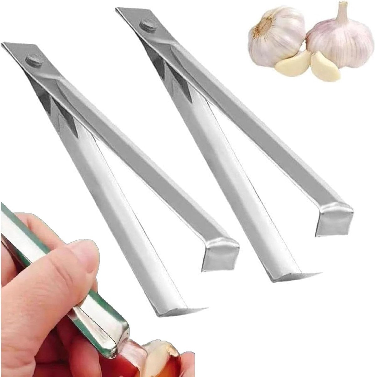 Garlic Peeler - 2 Pieces - Fishbone Tweezers - Tweezers - Kitchen Tweezers - Kitchen Aid - Silver-colored - Ergonomic Handle - Easy to Use - 10.9cm - Stainless Steel