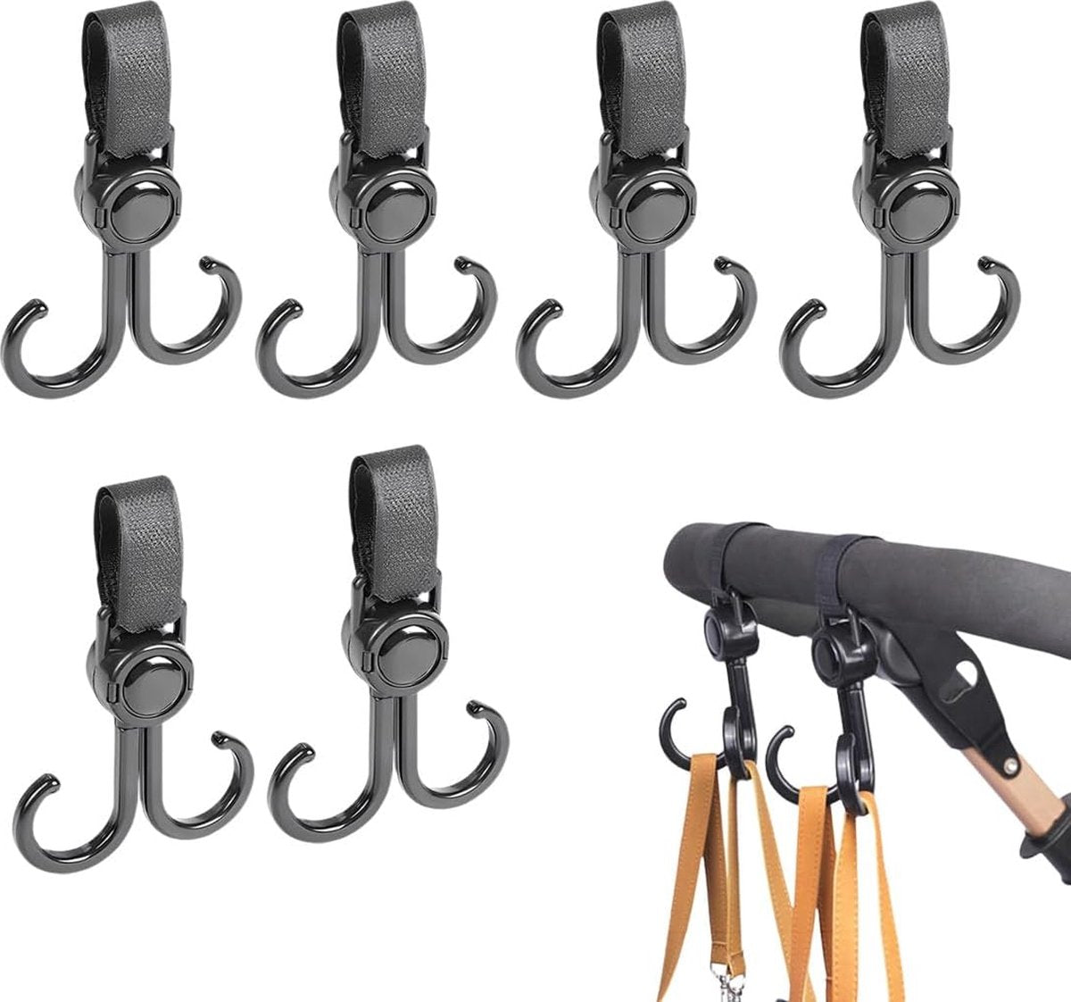 Stroller Bag Hooks - 6 Pieces - Bag Hook - Bag Hanger - Buggy Hooks - Baby Stroller - Diaper Bag Hook - Shopping Hook - Hooks for Bags - Universal Hook - Buggy Hook - Extra Sturdy - For Stroller, Buggy, Wheelchair - Black