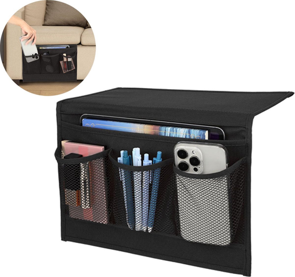 Bedside Pocket - Bed Organizer - Sofa Organizer - Bed Storage Compartment - Storage Bag for Bed or Sofa - Nightstand for iPad & Magazines - Magazine Organizer - Storage Case - Nightstand - Bedroom Accessory - for Bed or Sofa - Black