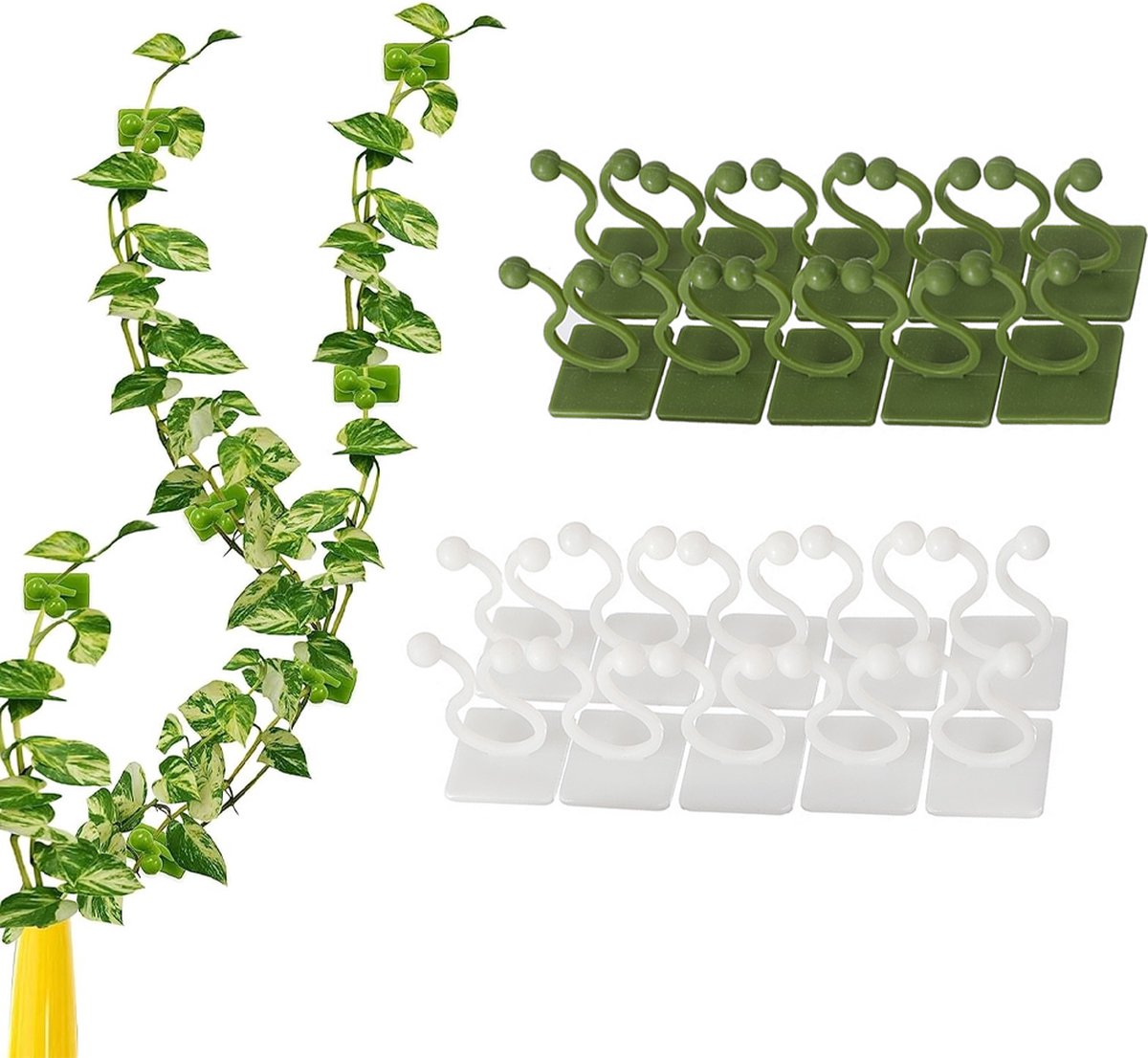 Plant Clips - Plant Clips - Climbing Plant Guide - Tie Up - Plant Support - Garden Clips - Cable Organizer - Wall-Mounted Plant Clips - For Indoor Use - Wall Mounting - Multi-purpose - Reusable - Self-Adhesive - Green/White