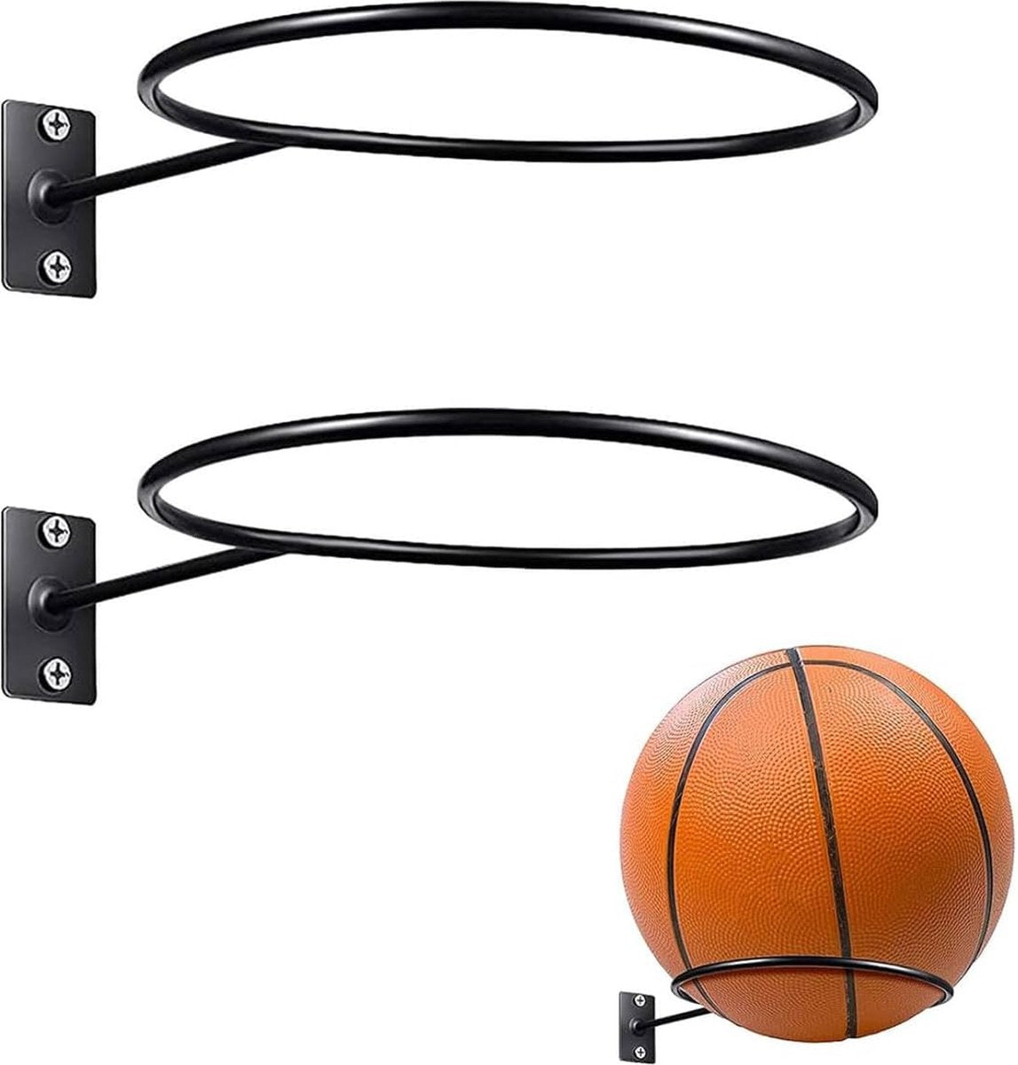 Ball Holder - 2 Pieces - Ball Storage - Ball Rack - Metal Ball Stand - Wall Ball Holder - Wall Mounted - Gift for Boys & Men - For Basketball, Football, Volleyball, Rugby - Universal - Black
