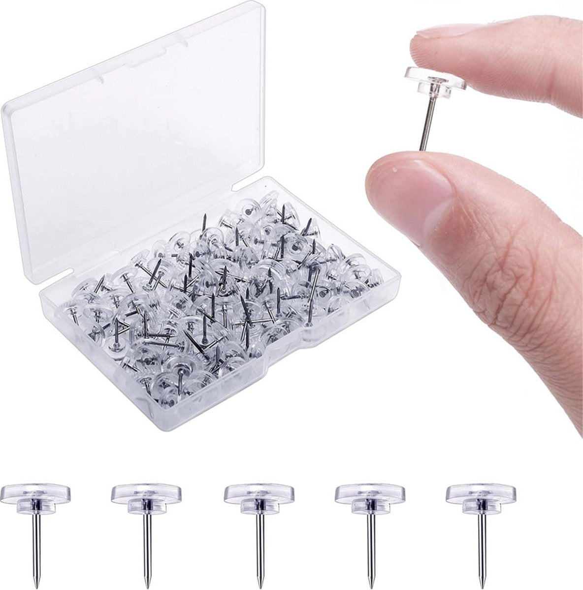 Thumbtacks - Set of 100 Pushpins - Reusable - For Bulletin Board, Memo Board, or World Map - Easy to Carry - Transparent - Everyday Life Aids