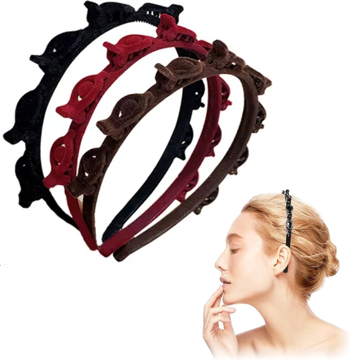 3-Piece Hairband with Clip - Tiara - Double-Layered Twist Braid Headband/Hairband/Tiara with Clips - Tiara with Hairpin - Hair Accessories - Elegant Headband for Women and Girls - Black / Brown / Red - Braided Hair Clip - Durable