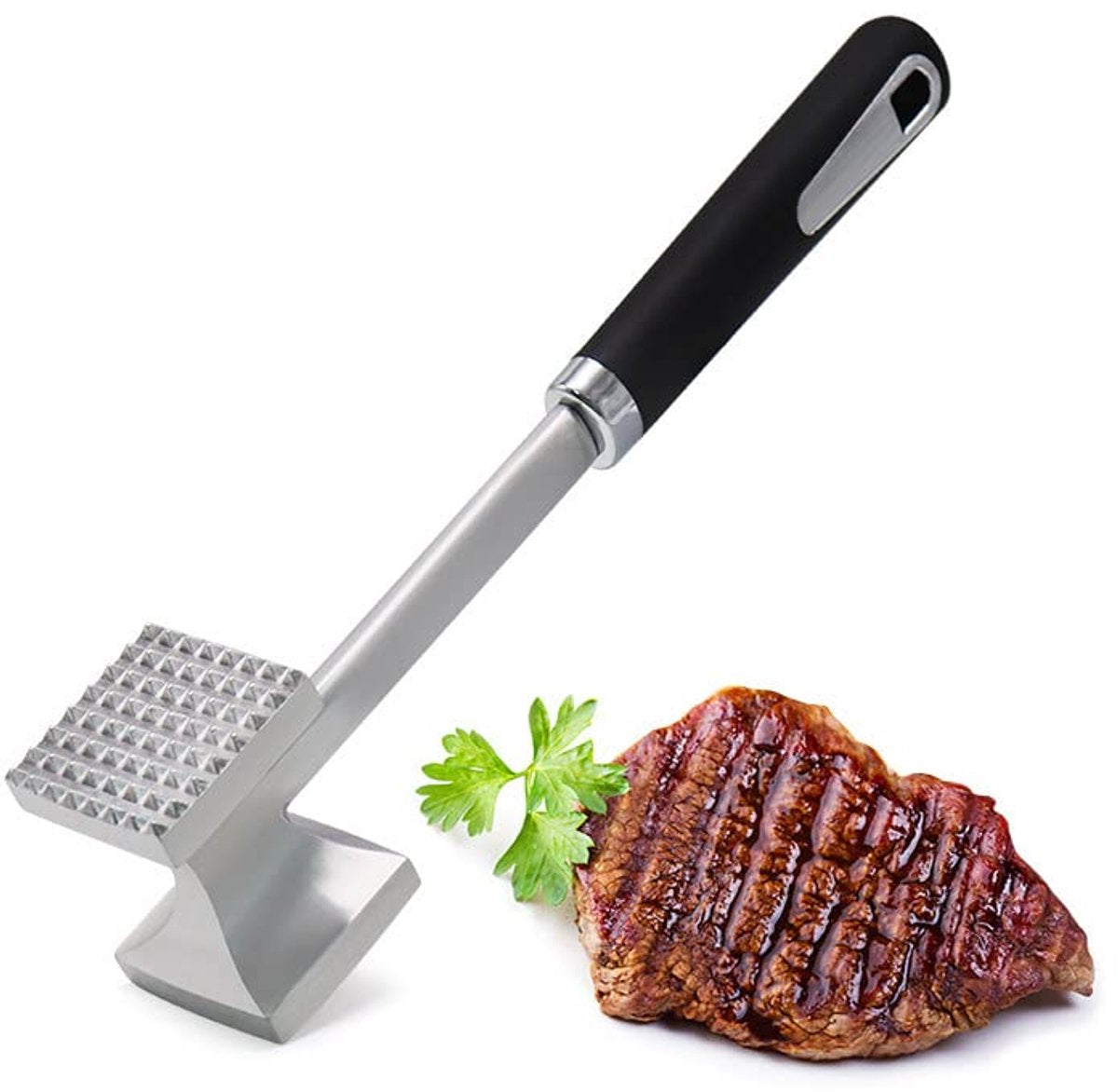 Meat Hammer - Professional Meat Hammer - Ergonomic Handle - Easy to hold - practical - Robust design - Meat Tenderizer - BBQ accessories - for Schnitzels Steak Beef - Meat Stamper - Kitchen Utensils - aluminum - silver