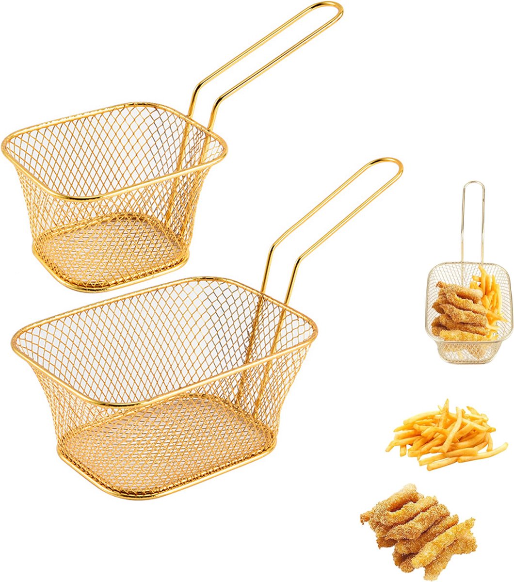 Frying Basket - 2 Pieces - Frying Colander - Frying Scoop - Vegetable Cooker - Draining Rack - Snack Serving Basket - For Fries And Snacks - Stainless Steel - With Handle - Serve Fries/Snacks In A Basket - Rectangle - Gold