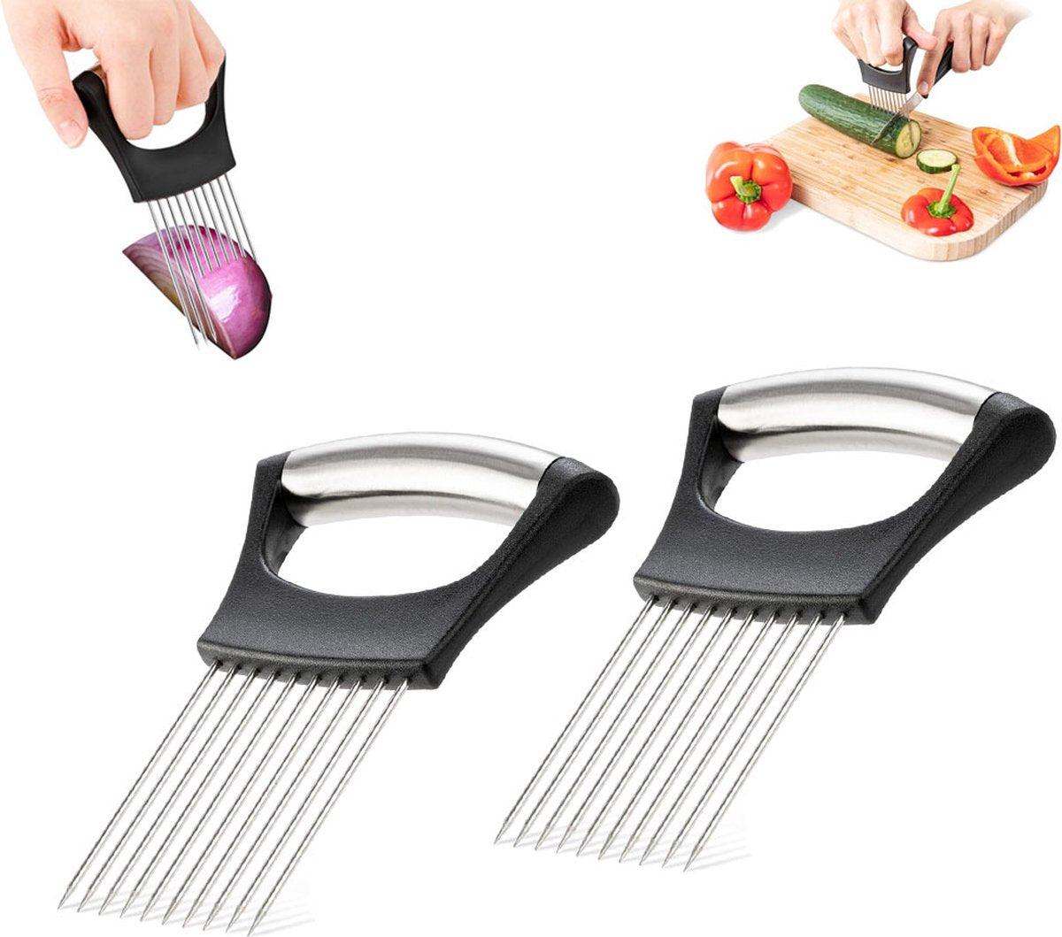 Onion Comb - 2 Pieces - Onion Slicer - Vegetable Slicer - Stainless Steel - Tomato Slicer - Potato Slicer - Finger Guard - Cutting Aid for Onions, Potatoes and Vegetables - Onion Cutting Tool - Egg Slicer - Manual - Onions - Slicer - Comb