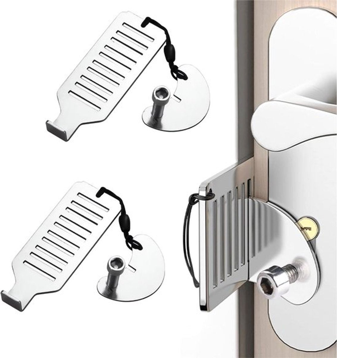 Portable Door Lock - 2 Pieces - Portable Door Lock - Portable Travel Lock - Stainless Steel - Secure - Self-Defense - Travel Lock Door - Door Stopper - Anti-Burglary - Security - Steel - Hotel - Privacy - Travel Accessory - Prevent Unauthorized Access